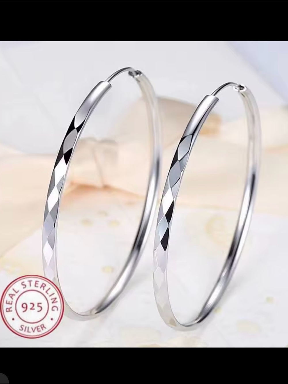 925 Sterling Silver Faceted Hoop Earrings  2” diameter